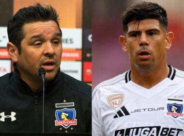 Héctor Tapia y Esteban Pavez con indumentaria de Colo-Colo.