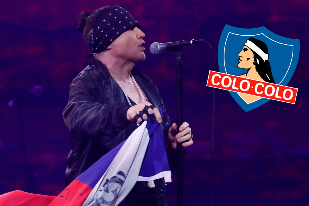 Ian Astbury, vocalista de The Cult, con la bandera chilena y el escudo de Colo-Colo.