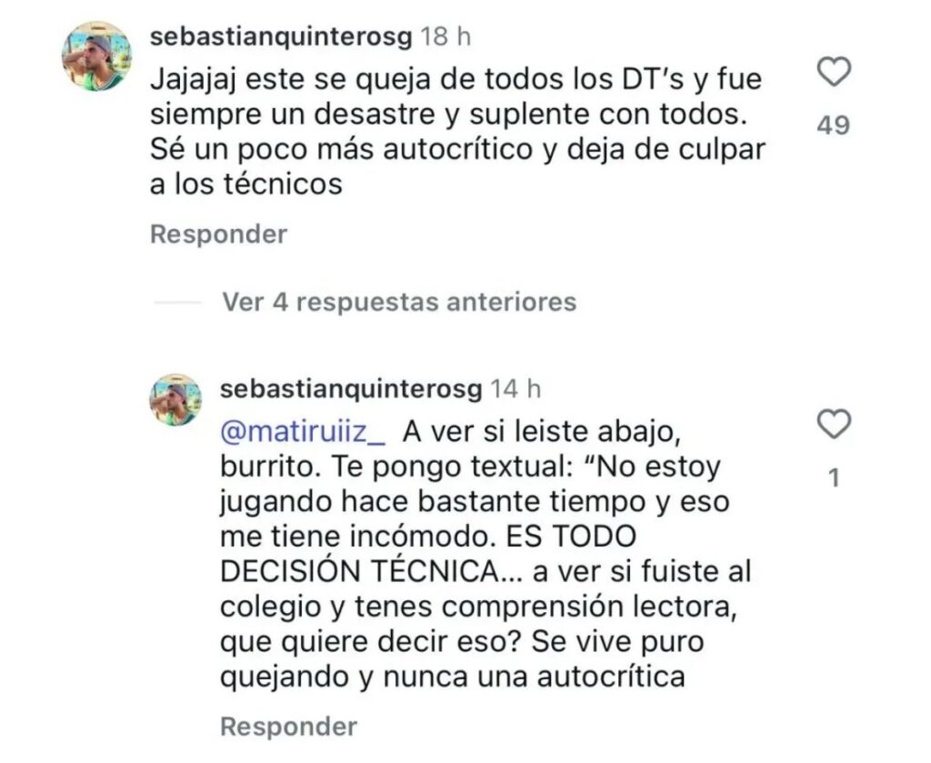 Comentario hijo Gustavo Quinteros en Instagram.