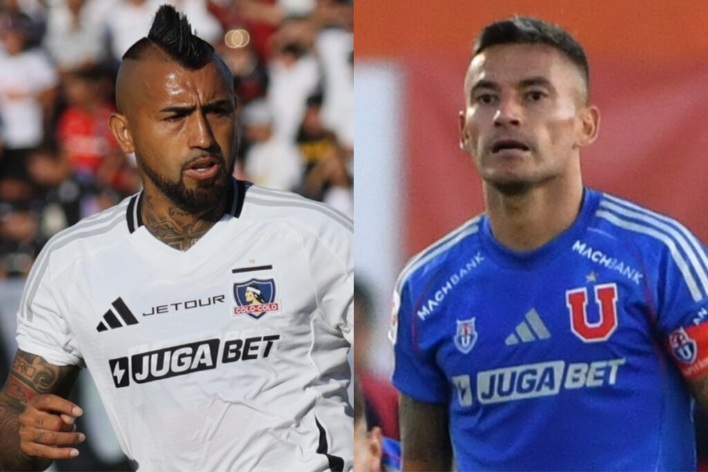 Primer plano de Arturo Vidal con la camiseta de Colo-Colo, y de Charles Aránguiz con la camiseta de Universidad de Chile.