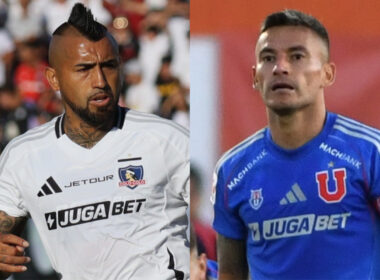 Primer plano de Arturo Vidal con la camiseta de Colo-Colo, y de Charles Aránguiz con la camiseta de Universidad de Chile.