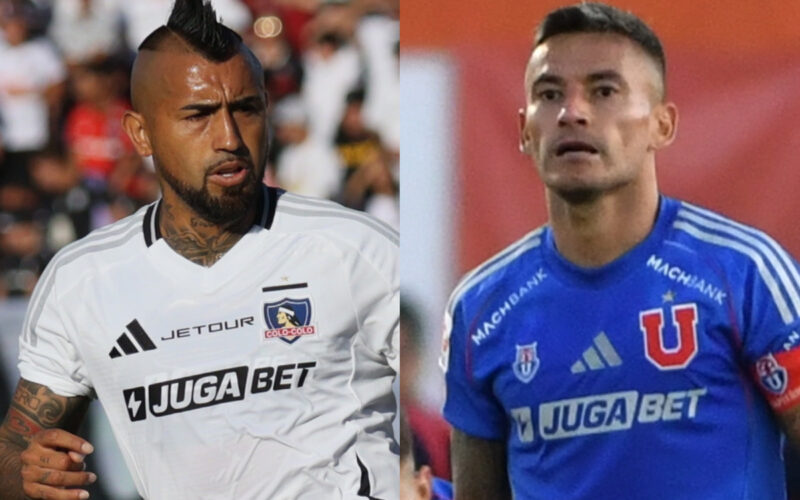 Primer plano de Arturo Vidal con la camiseta de Colo-Colo, y de Charles Aránguiz con la camiseta de Universidad de Chile.